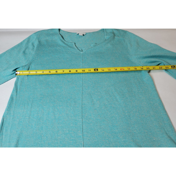 J Jill Sweater Womens Medium LINEN Tunic Aqua Blue Relaxed Fit V-neck Side Slits - Picture 7 of 9